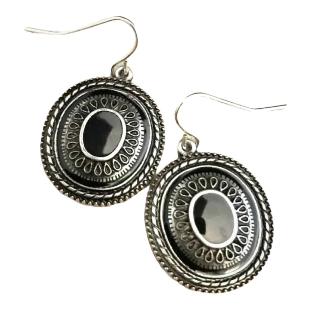 New Silver Tone Earrings Black Enamel Dangle - 12N